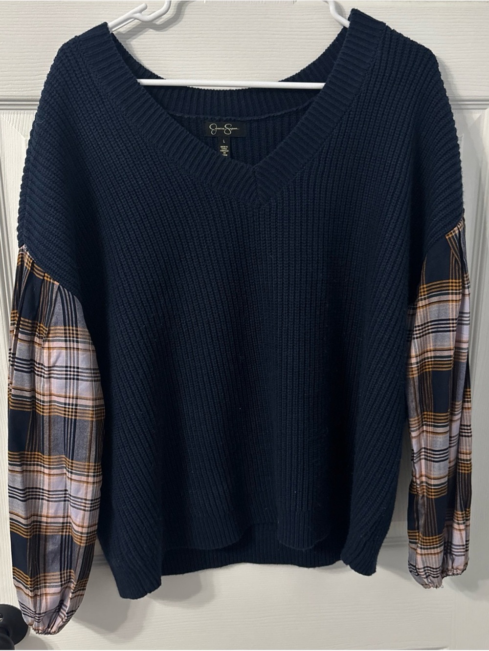 Jessica Simpson Navy V-Neck Sweater with Plaid Balloon Sleeves